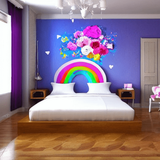 at home insemination tips image. large bed with rainbow headboard, decorative flowers on the purple wall above