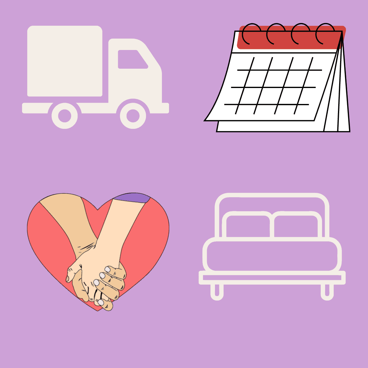 symbols - delivery truck, monthly calendar, two clasped hands inside heart, bed