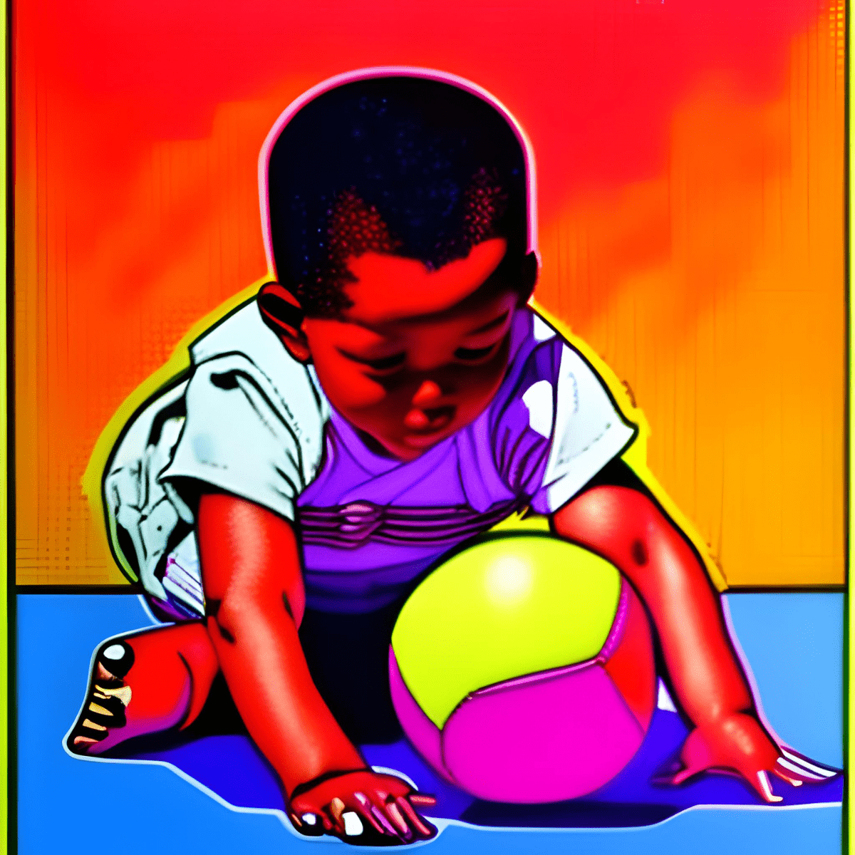 how to prepare for parenthood image. retro cartoon style image - young child on blue floor with orange & yellow background, playing with yellow, pink, & red ball